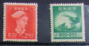 昔懐かしい切手 赤十字・共同募金 看護婦 ヤマガラ ２枚組 1948.10.1発行ｂ