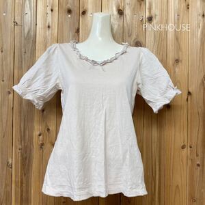 PINKHOUSE * Pink House # loan sleeve short sleeves tops pico frill thin cotton material size L light beige group ribbon frill 