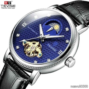 メンズ高級腕時計 機械式 自動巻 トゥールビヨン ムーンフェイズ表示 本革ベルト 紳士 ビジネス 夜光 防水 ブラック