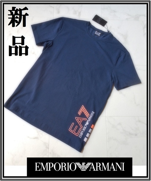 新品★アルマーニ Tシャツ ネイビー オレンジ Sサイズ EA7 EMPORIO ARMANI エンポリオアルマーニ メンズ クルーネック Tシャツ ブランドT 