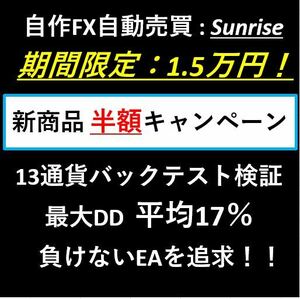 【新商品半額キャンペーン】自作自動売買FXソフト『Sunrise』　期間限定1.5万円　13通貨ペアバックテスト検証済　最大DD平均17％