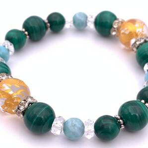 天然石水晶金彫り青龍12mm玉&マラカイト&ラリマーのブレスレット