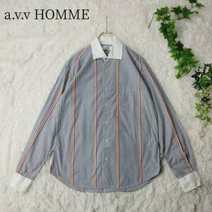 a.v.v HOMME アーヴェヴェオム avv クレリックシャツ 長袖 ストライプシャツ ブルー 青 レインボー 虹色 サイズ46 Mサイズ Lサイズ メンズ