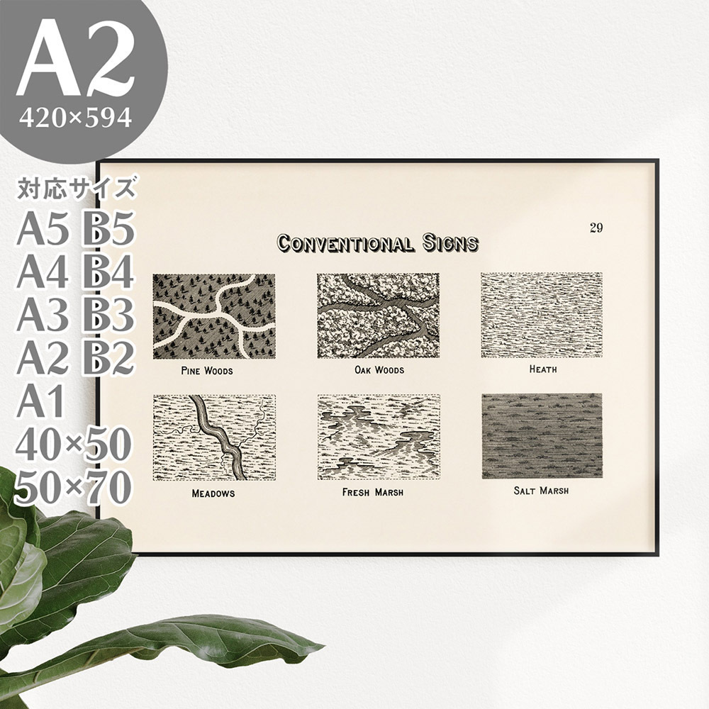 BROOMIN 艺术海报地图 地图符号 树木森林地图 复古 古董 北欧室内 超大 A2 420 x 594 毫米 AP079, 印刷材料, 海报, 其他的