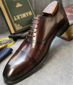 【25.0cm】QD182-703A新品メンズ 本革 ビジネスシューズ 内羽根 高品質 ブローグシューズ 華やかなスタイル 高級紳士靴 赤ワイン
