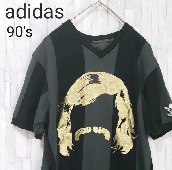 adidas オールド アディダス 半袖 リンガー Tシャツ 90s 90年代 サイズS ブラック トレフォイル デカロゴ ビッグロゴ サッカーシャツ
