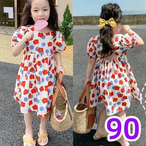  Kids One-piece floral print Cross short sleeves girl summer thing red 90