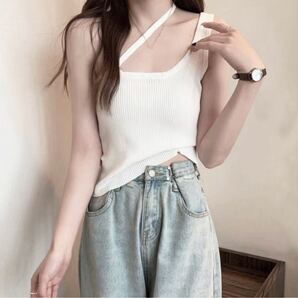 斜めワンショルダーサマーニットタンクトップ ショートWhite