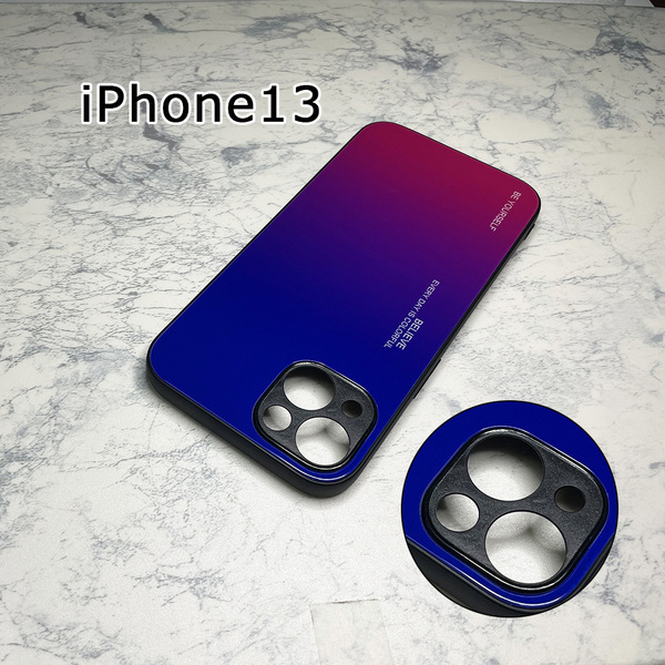 カメラ部保護モデル iPhone 13 ケース アイフォン13 ケース 強化ガラス グラデーションデザイン☆赤青