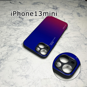 カメラ部保護モデル iPhone 13 mini ケース アイフォン13ミニ ケース 強化ガラス グラデーションデザイン☆赤青系