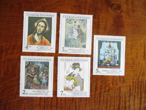 チェコスロバキア美術切手ー歌麿・二人の娘ほか　5種完　未使用　1991年　チェコスロバキア共和国　VF/NH
