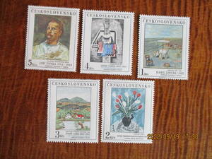 チェコの名画切手ーアコーデオン奏者ほか　５種完　未使用　1987年　チェコスロバキア共和国　VF/NH