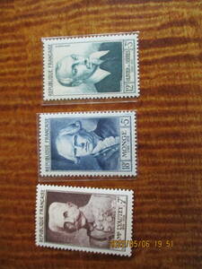フランス人物切手ーオリビア・セレス他　3種　1953年　未使用　フランス共和国　VF/NH　寄付金付き