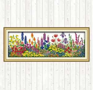 クロスステッチキット フラワーロード花畑 14CT 46×17cm 図案印刷あり 刺繍