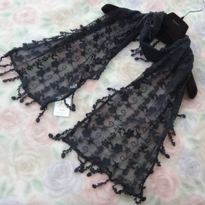 送料無料♪新品♪トリミンングフリンジ刺繍レースストール♪ブラック