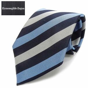 Ermenegildo Zegna　イタリア製ネクタイ　濃紺×薄青×シルバー　ストライプ　シルク100％　ゼニア　EZN43