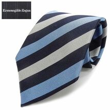 Ermenegildo Zegna　イタリア製ネクタイ　濃紺×薄青×シルバー　ストライプ　シルク100％　ゼニア　EZN43_画像1