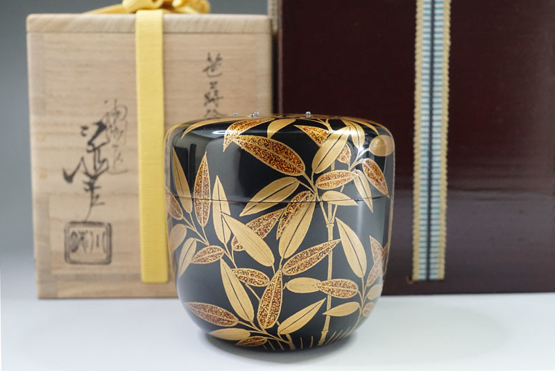 当季大流行 茶道具 川端近左作 桐蒔絵黒平棗 内銀溜 木製棗 共箱 美品
