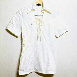 C9247hL made in Japan {ROPE Rope } size M short sleeves blouse shirt race up ivory lady's cotton 100% tunic . origin ribbon 