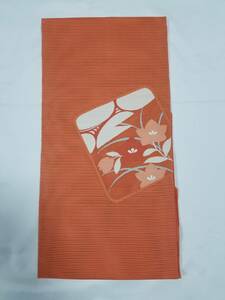 【桐徳】夏絽八寸帯*未使用品*美品｛正絹*絽綴れ織*八寸名古屋帯｝*潤み朱色地*色紙の中に.綴れ織りの桔梗*御太鼓柄*№5511