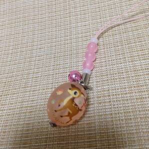 宮島 携帯ストラップ ピンク ビーズ とんぼ玉(?) 鹿,しかの画像1