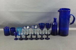 fff16 メキシコ ガラス まとめて 16点 吹きガラス ピッチャー グラス 花瓶 コップ等 ブルー 工芸ガラス