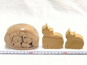 N22/かわいい 猫 ネコ 木製 組み木 おもちゃ ねこ 置物 オブジェ 飾り 動物パズル 知育玩具 色々 ３点 アンティーク インテリア レトロ雑貨