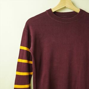 30s40s50s Vintage cotton T-shirt cut and sewn border sleeve felt badge dark red yellow 