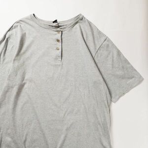 90's USA製 ランズエンド ヘンリーネック コットン Tシャツ 半袖 (L) 霜降り灰 無地 90年代 旧タグ オールド アメリカ製 LANDS'END