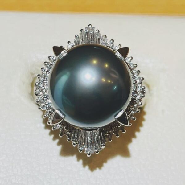 ☆Pt900 ブラックパール12.6mm&ダイヤ リング☆