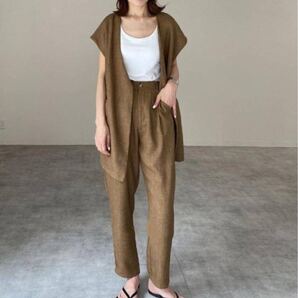 ツーピース セットアップ パンツスーツ ブラウン 茶 リネン風 上下セット シンプル 無地 レディース 2点セット 半袖 お洒落