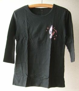 レディース新品B086■Mサイズ■ビジュー付き七分袖丈カットソーTシャツ黒色