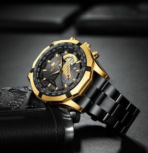 34-93-29 ゴールド ブラック メンズ 腕時計 防水 スポーツ 多機能時計 スチールチェーンベルト ウォッチ 発光 カレンダー 2