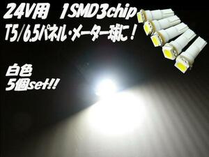 24V T5 T6.5 3chip SMD LED パネル球 メーター球 白 ホワイト まとめて 5個 セット トラック