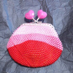 がま口ポーチ ハンドメイド ビーズ レッド ボーダー 未使用