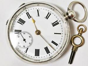 1887年製◆英国バーミンガム 銀無垢STERLING 鍵巻き 大型18S スイスムーブ イギリス懐中時計◆