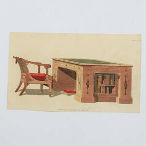 【手彩色銅版画】 図書館のテーブルと椅子　 ACKERMANN'S REPOSITORY of ARTS　1814？　イギリス　博物画　アンティーク　家具　ビンテージ