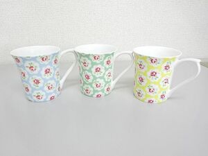 美品★Cath Kidston★Queens Kitchen　キャスキッドソン　プロヴァンスローズ　ブルー・イエロー・グリーン　マグカップ　３個セット