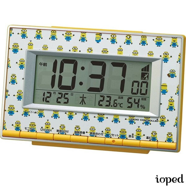 ミニオン 目覚まし時計 温度・湿度計付き イエロー ギフト 電波置き時計 かわいい 見やすい リズム時計