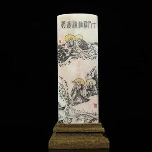  ◆旧蔵◆古美術 中国古玩 清代　古寿山石鷄骨白彫り十八羅漢図印章 置物 擺件　古賞物　共箱　時代物　AT17 　