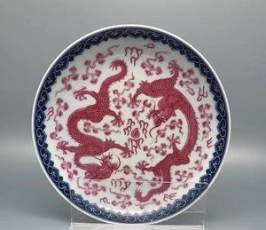 ◆旧蔵◆古美術 中国古玩　清代乾咸豊製款　臙脂紅　双龍戯珠紋盤　時代物　A39