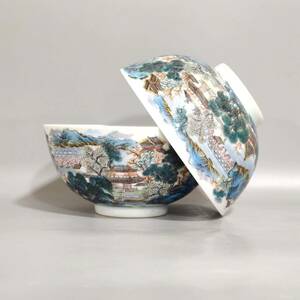 ◆旧蔵◆古美術 中国古玩 清代雍正年製款 粉彩山水楼閣紋碗―對　時代物　A043