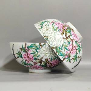 ◆旧蔵◆古美術 中国古玩　清代雍正年製款　粉彩　牡丹花卉紋　菊花碗―對　時代物　A43