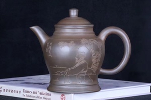 ◆旧蔵◆古美術 中国古玩　老段泥　朱可心製　雕刻山水人物急須　紫砂茶壺　煎茶道具　中國宜興　時代物T19
