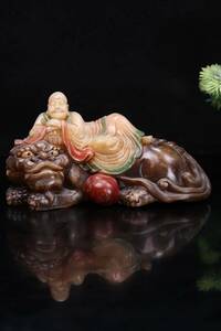  ◆旧蔵◆古美術 中国古玩 清代　古寿山石彫り羅漢獅子　極細工 置物 擺件　古賞物　共箱　時代物　A68　
