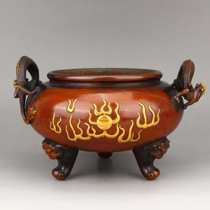 ◆旧蔵◆古美術 中国古玩　清代　銅塗金　双龍獸面三足炉 時代物 AT17