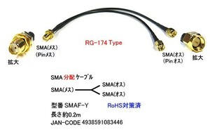 SMA 分配ケーブル メス ⇔ オス x2 RG174 20cm MD-SMAF-Y