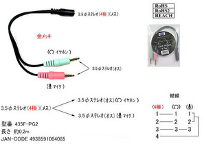 3.5φステレオ(4極/メス)⇔3.5φステレオ(オス)x2分配ケーブル/20cm(3C-435F-PG2)旧型番435F-PGM2