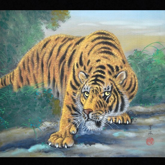 ●1764● Famous artist of the Nitten Exhibition A fierce tiger! Original ◆ Fierce tiger (screen size w:54.5 × h:22 cm) ◆ Artist: Hiromi Hashimoto, Painting, Japanese painting, Flowers and Birds, Wildlife