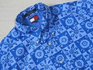 90s TOMMY HILFIGER ボタンダウン　SIZE:L　色：青　総柄　トミー ヒルフィガー　アロハシャツ　半袖シャツ